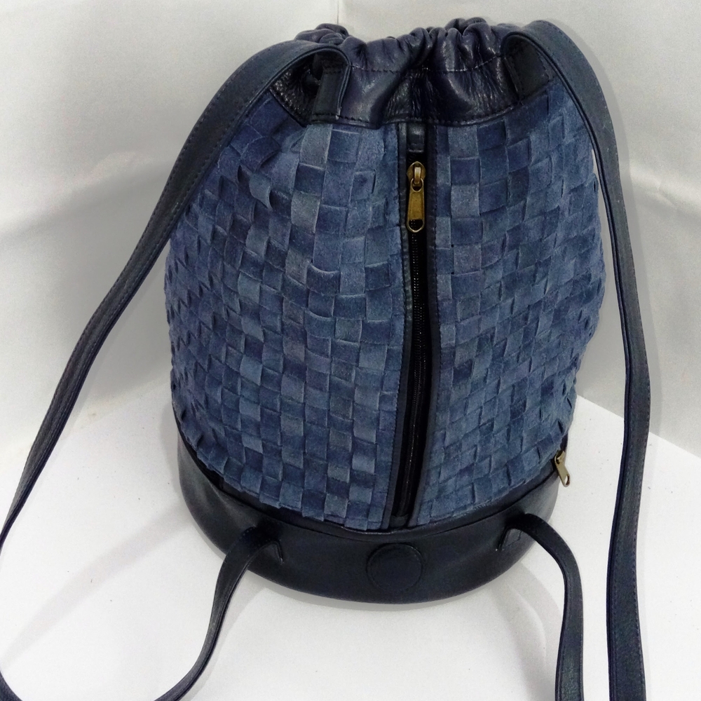 Blue Woven Leather Bucket Bag